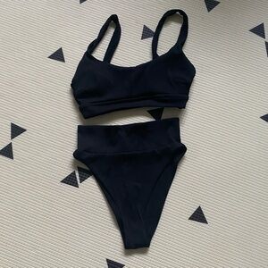 AE Aerie Swim Ribbed Wide Strap Scoop Bikini Top, High Cut Cheeky Bikini Bottom